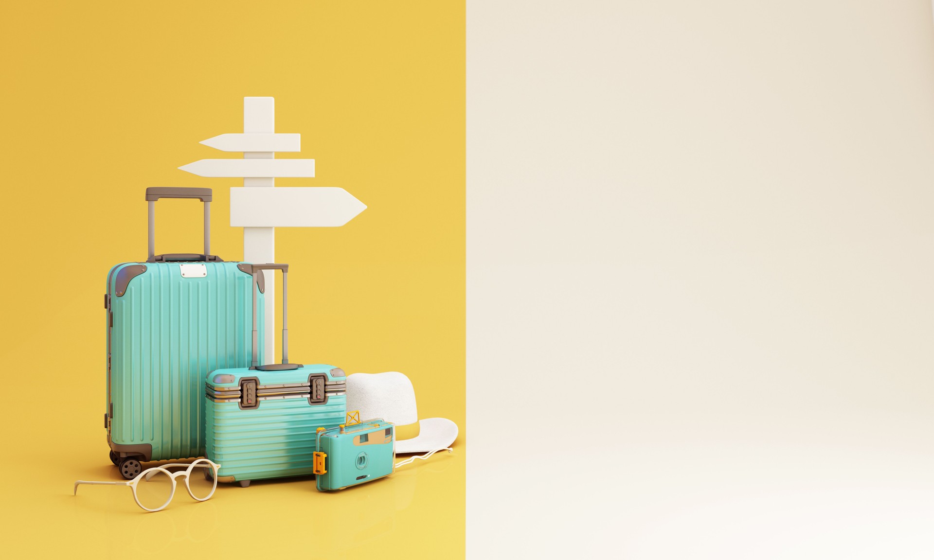 Travel and adventure and departure concept In summer, surrounded by luggage, camera, sunglasses, hat with road signs destination.green and yellow tones 3d render illustration